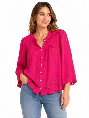 Style & Co. Bright Pink Eyelet Button Down Cotton Blouse XL Boho Coquette